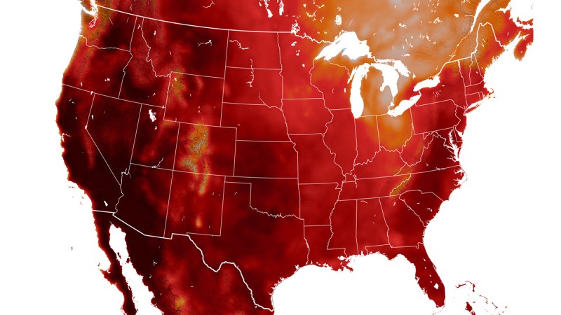 A map of the United States is colored in different shades of red, denoting how hot the temperatures were on June 10, 2024.